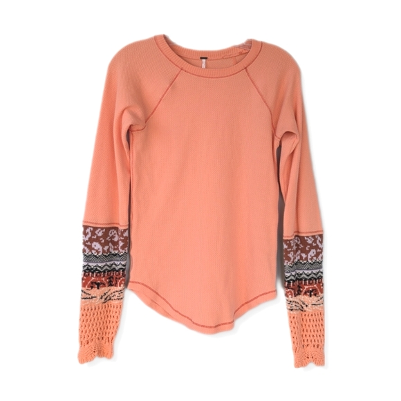 Free People In The Mix Orange Sherbet Cuff Detail Waffle Thermal Knit Top - Picture 13 of 13
